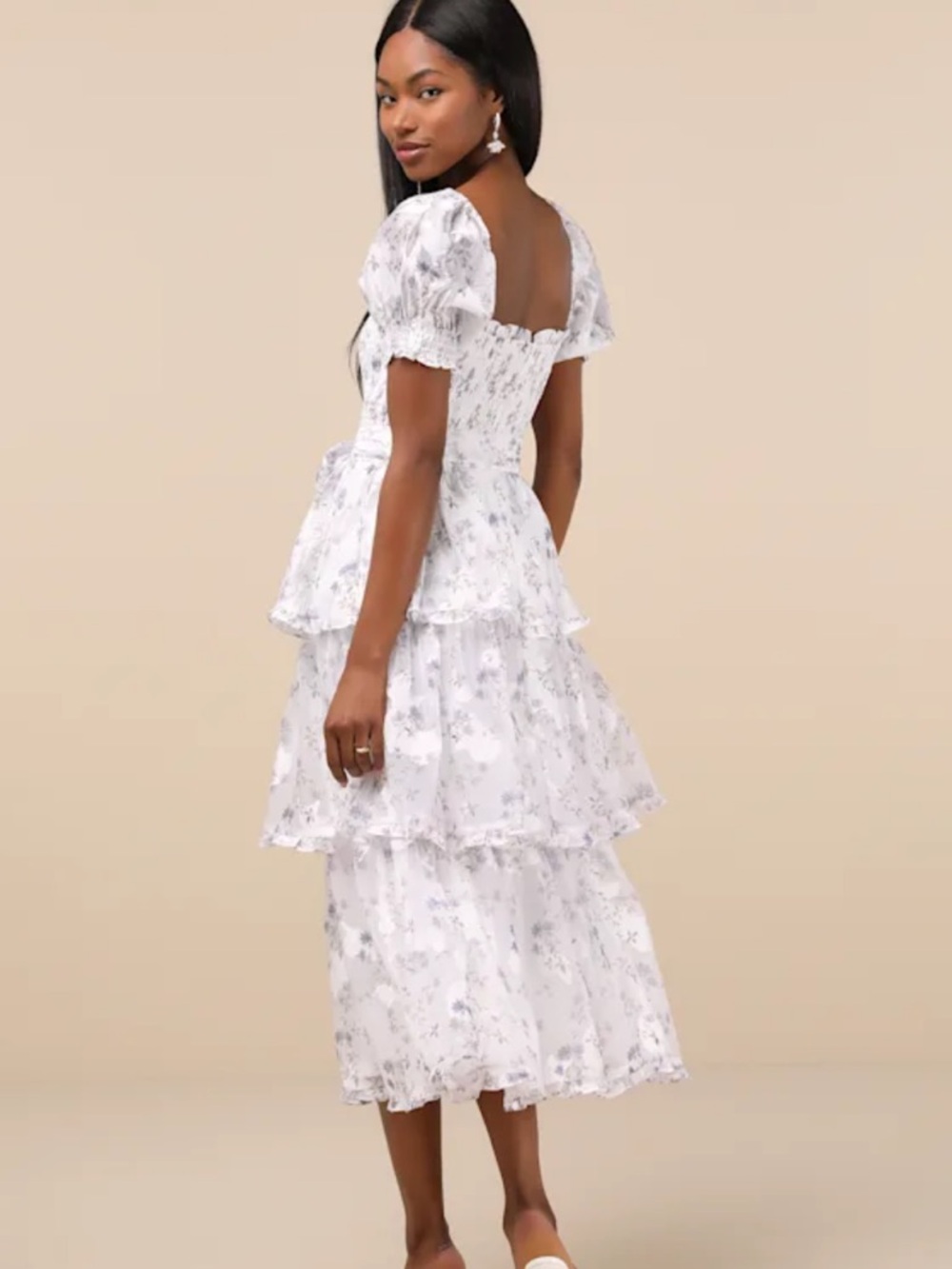 New Lulus Darling Posture White Floral Tiered Midi Dress with Puff Sleeves Sz XS - Picture 3 of 8